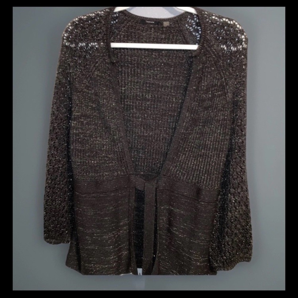 Tahari Metallic Espresso Open Knit Front Tie Cardigan Sweater Boho Whimsigoth M